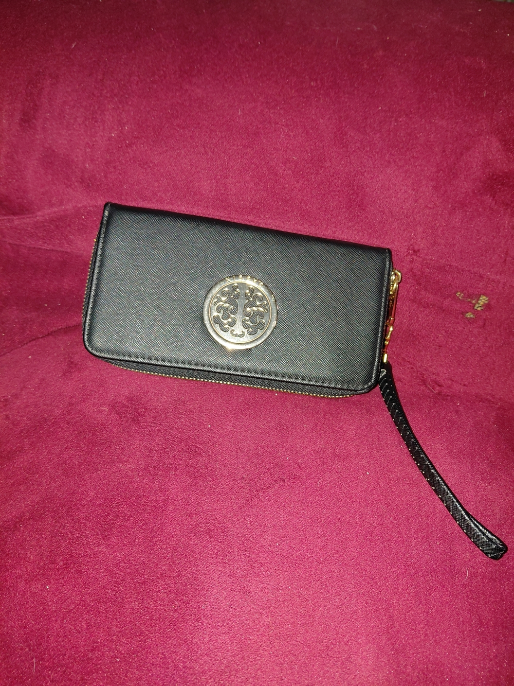 Black Wristlet Clutch with Gold Emblem